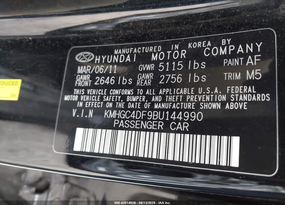 2011 HYUNDAI GENESIS VIN: KMHGC4DF9BU144990