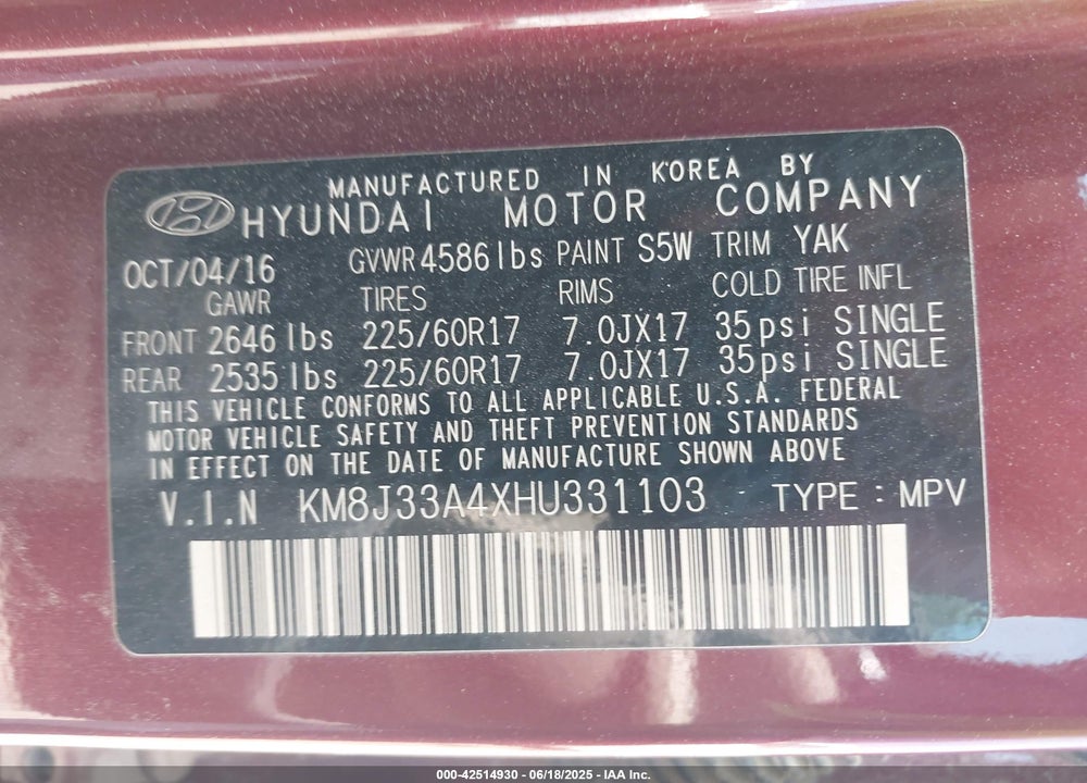 2017 HYUNDAI TUCSON VIN: KM8J33A4XHU331103