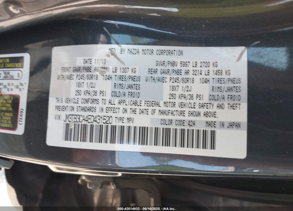 2014 MAZDA CX-9 TOURING VIN: JM3TB3CA4E0431520