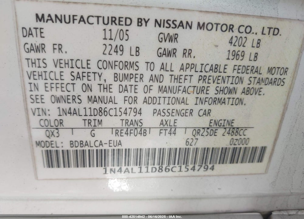 2006 NISSAN ALTIMA VIN: 1N4AL11D86C154794