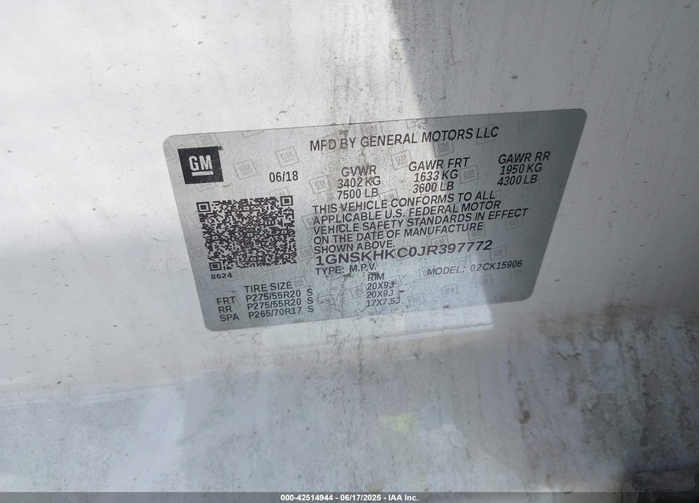 2018 CHEVROLET SUBURBAN VIN: 1GNSKHKC0JR397772