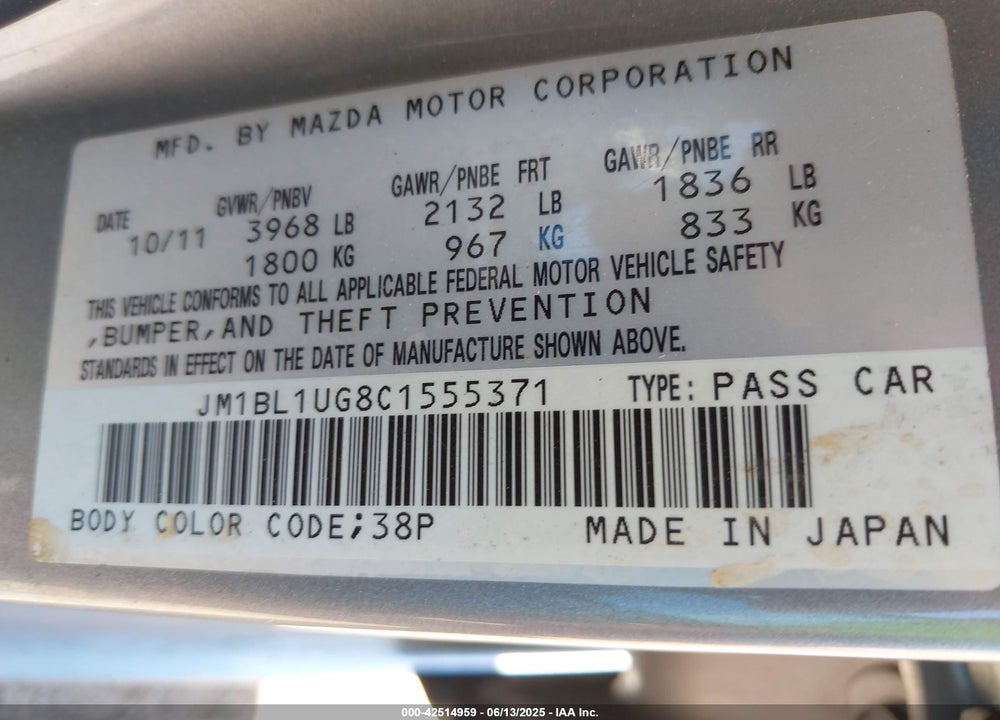 2012 MAZDA 3 I SPORT VIN: JM1BL1UG8C1555371
