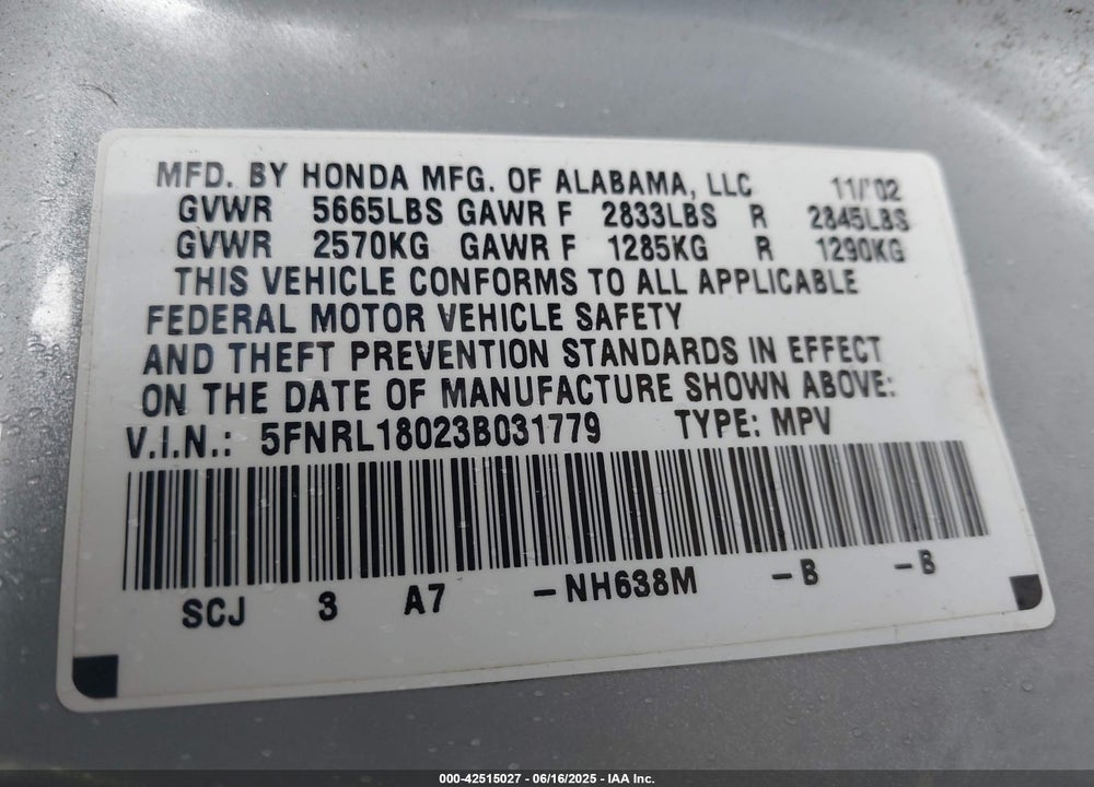 2003 HONDA ODYSSEY EX-L VIN: 5FNRL18023B031779