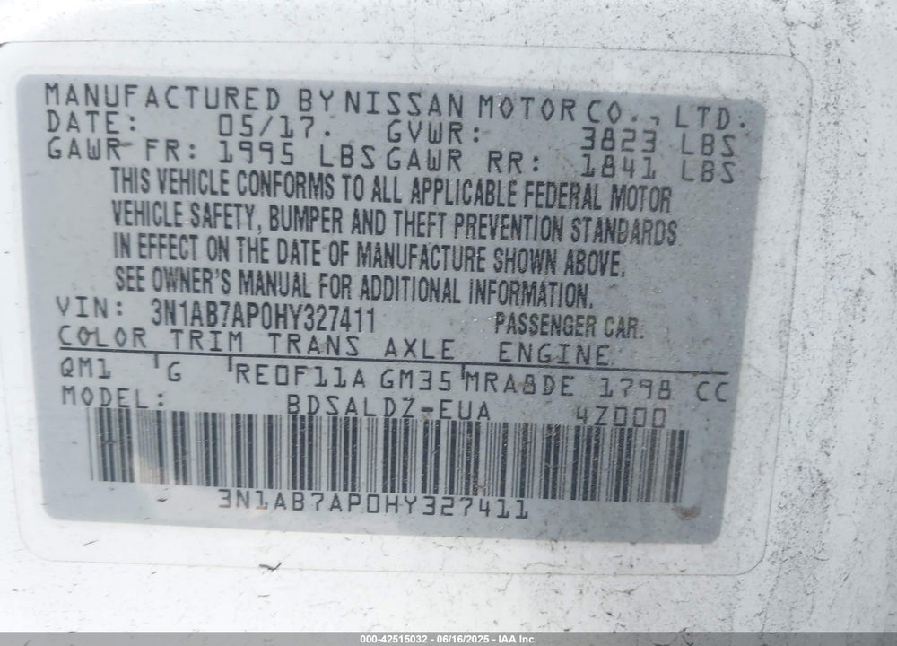 2017 NISSAN SENTRA VIN: 3N1AB7AP0HY327411