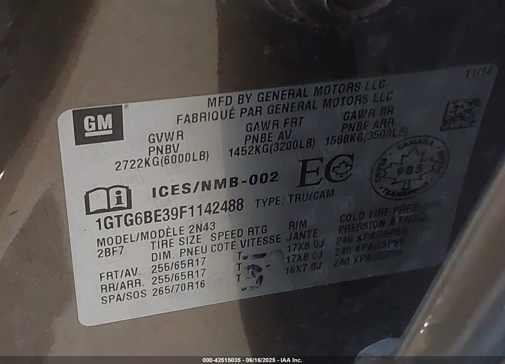 2015 GMC CANYON SLE VIN: 1GTG6BE39F1142488