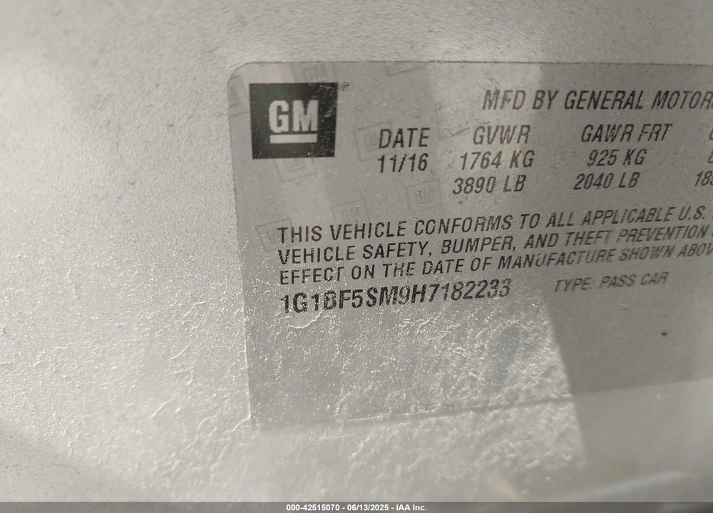 2017 CHEVROLET CRUZE PREMIER AUTO VIN: 1G1BF5SM9H7182233