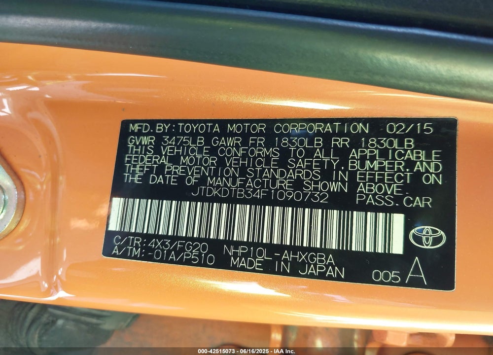 2015 TOYOTA PRIUS C VIN: JTDKDTB34F1090732