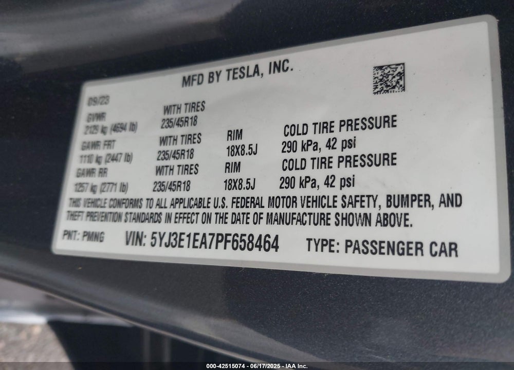 2023 TESLA MODEL 3 VIN: 5YJ3E1EA7PF658464