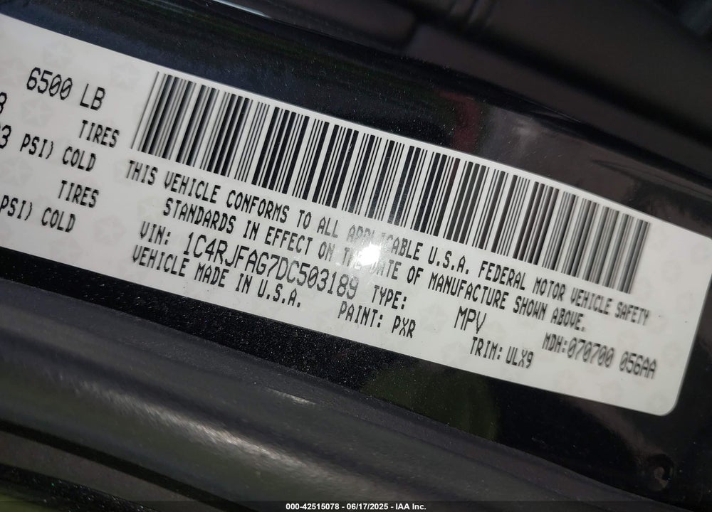 2013 JEEP GRAND CHEROKEE VIN: 1C4RJFAG7DC503189