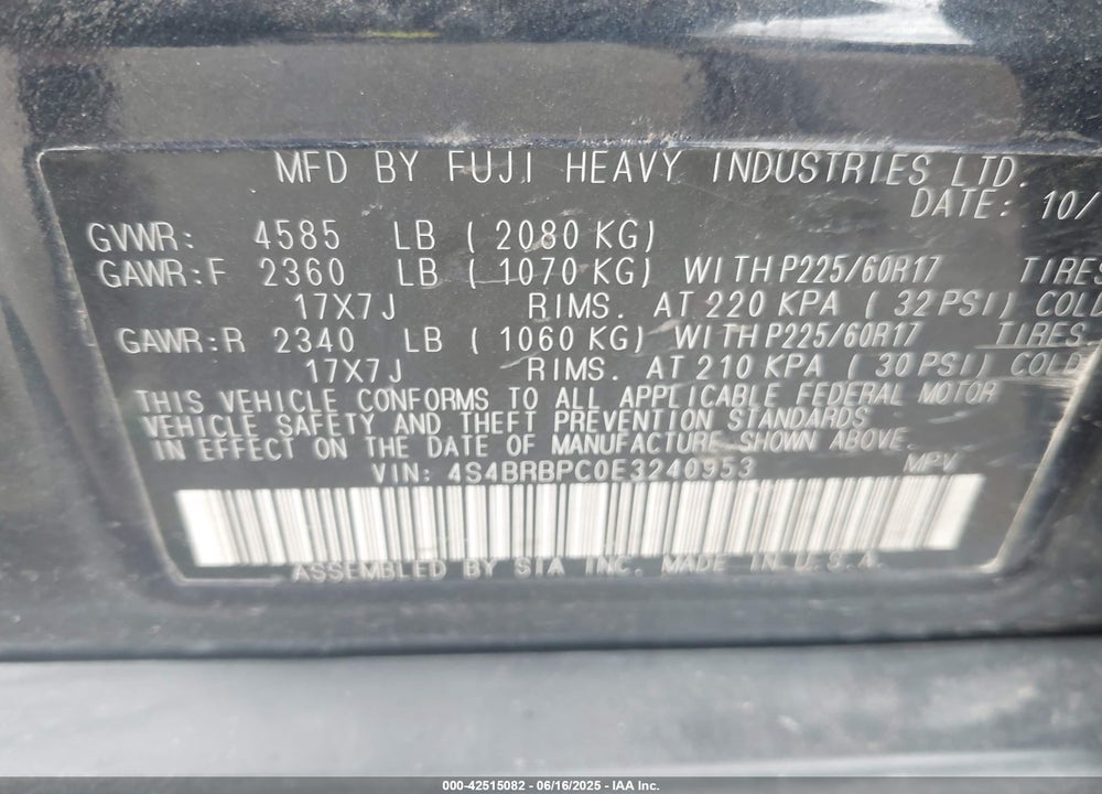 2014 SUBARU OUTBACK VIN: 4S4BRBPC0E3240953