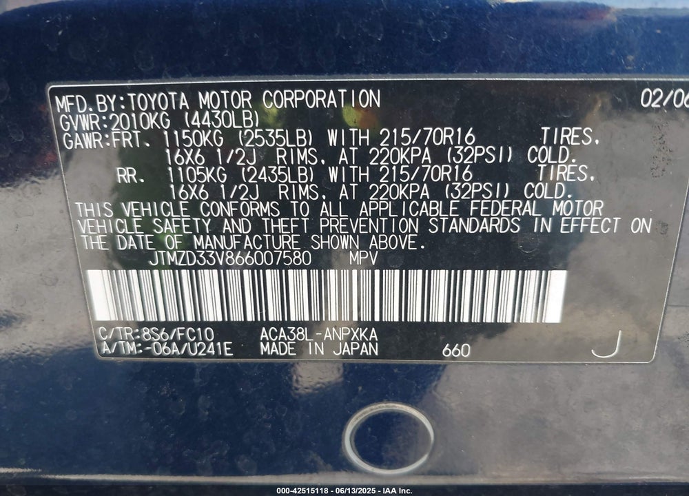 2006 TOYOTA RAV4 VIN: JTMZD33V866007580