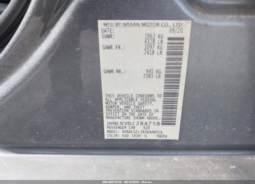 2020 NISSAN ALTIMA VIN: 1N4BL4CV8LC284758
