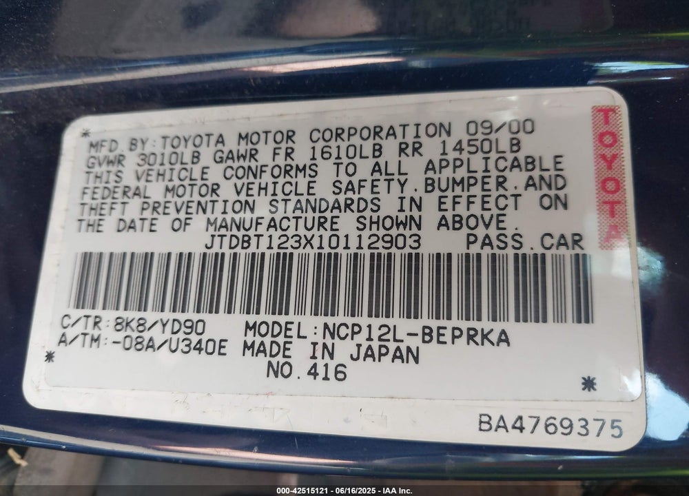 2001 TOYOTA ECHO VIN: JTDBT123X10112903