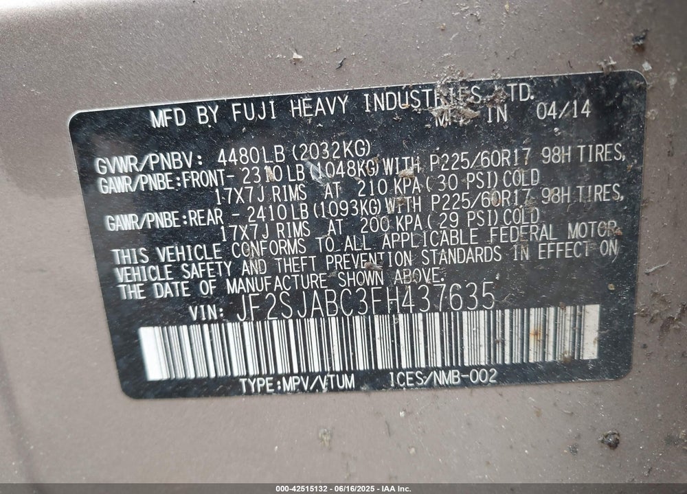 2015 SUBARU FORESTER VIN: JF2SJABC3FH437635