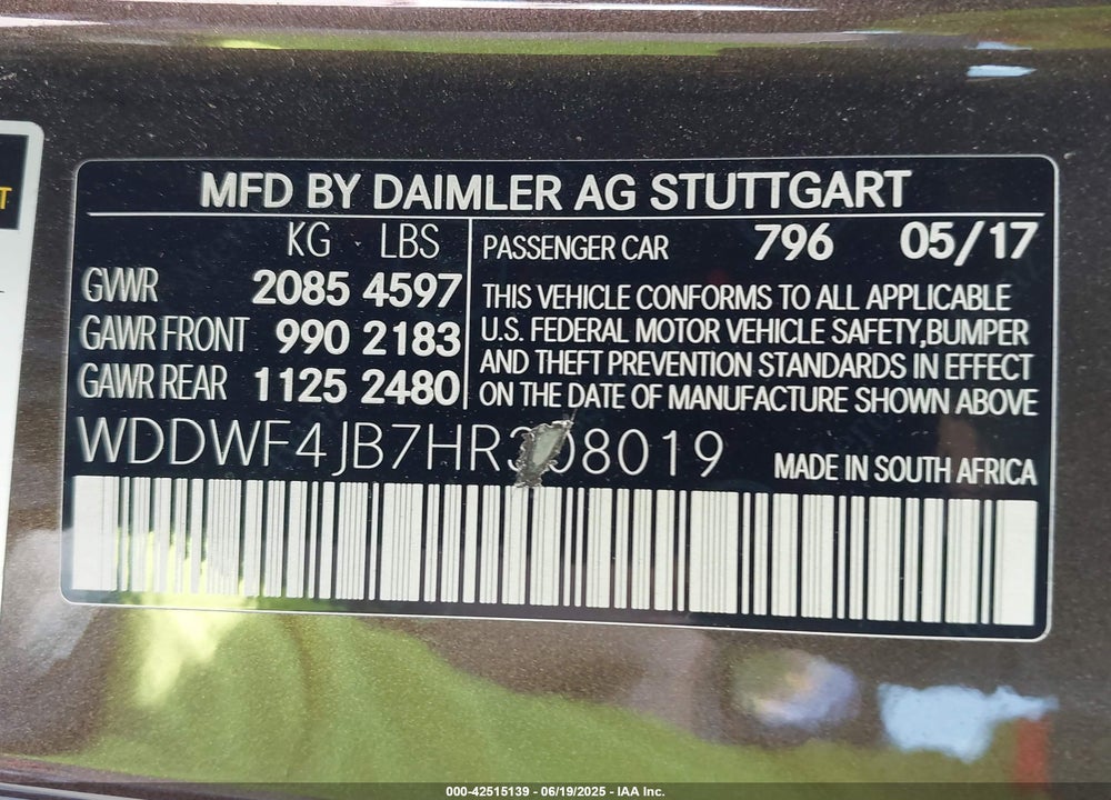 2017 MERCEDES-BENZ C 300 VIN: WDDWF4JB7HR308019