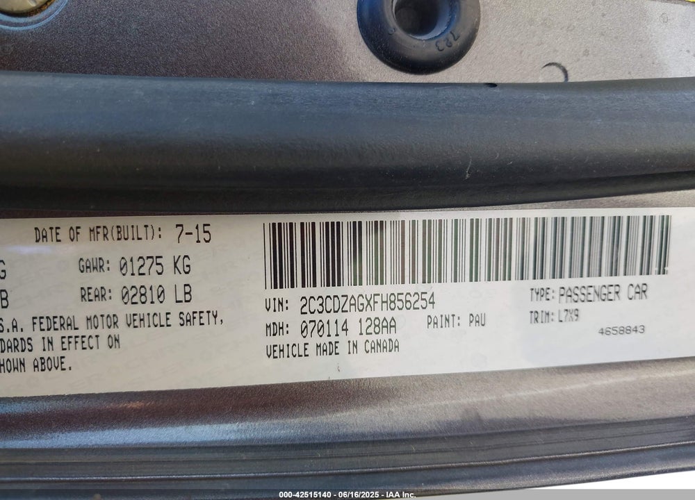 2015 DODGE CHALLENGER VIN: 2C3CDZAGXFH856254