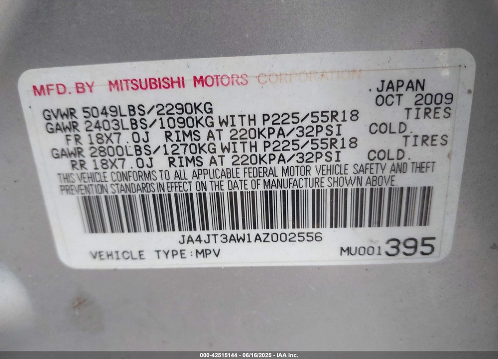 2010 MITSUBISHI OUTLANDER SE VIN: JA4JT3AW1AZ002556