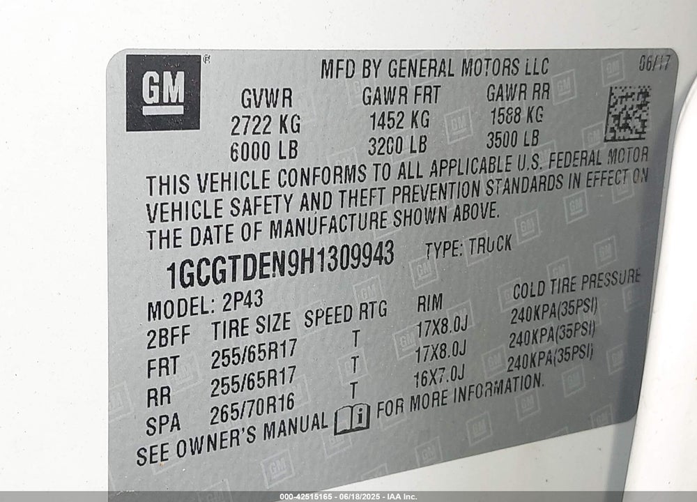 2017 CHEVROLET COLORADO Z71 VIN: 1GCGTDEN9H1309943