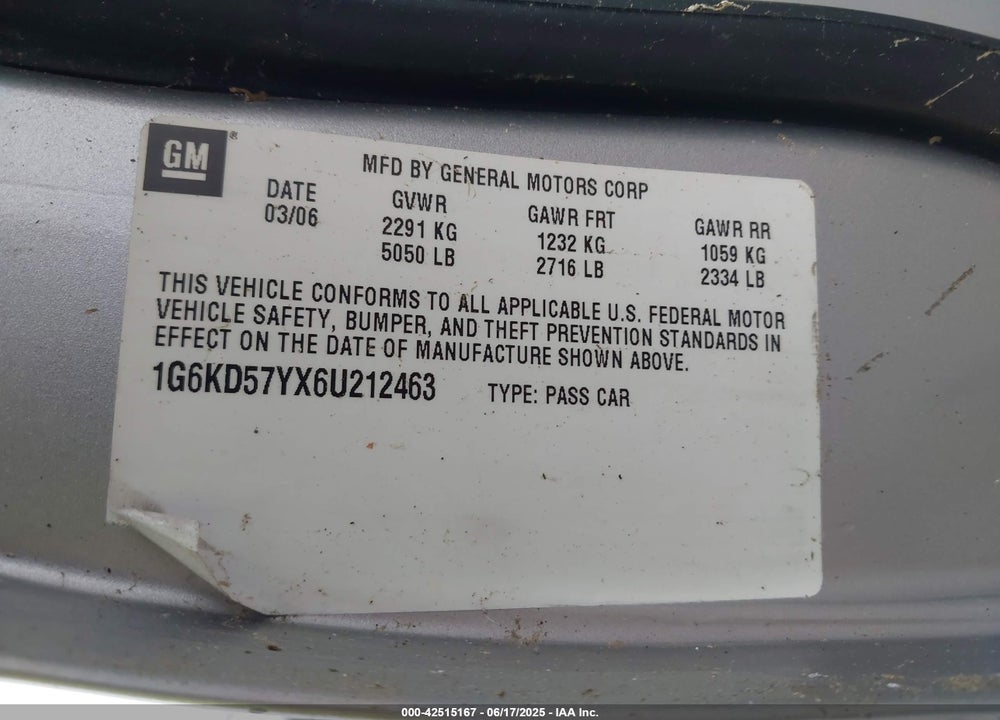 2006 CADILLAC DTS VIN: 1G6KD57YX6U212463