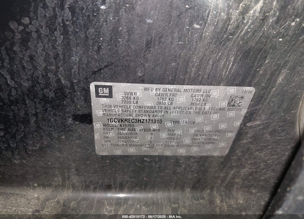 2017 CHEVROLET SILVERADO 1500 VIN: 1GCVKREC3HZ171310