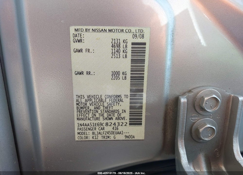 2009 NISSAN MAXIMA 3.5 SV VIN: 1N4AA51E69C824322