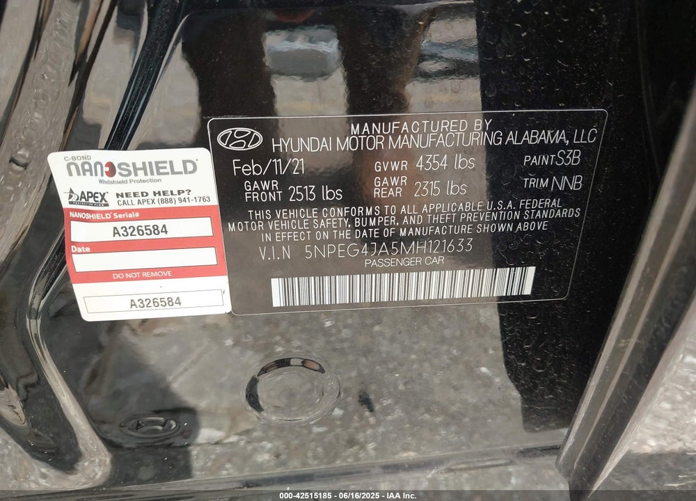 2021 HYUNDAI SONATA VIN: 5NPEG4JA5MH121633