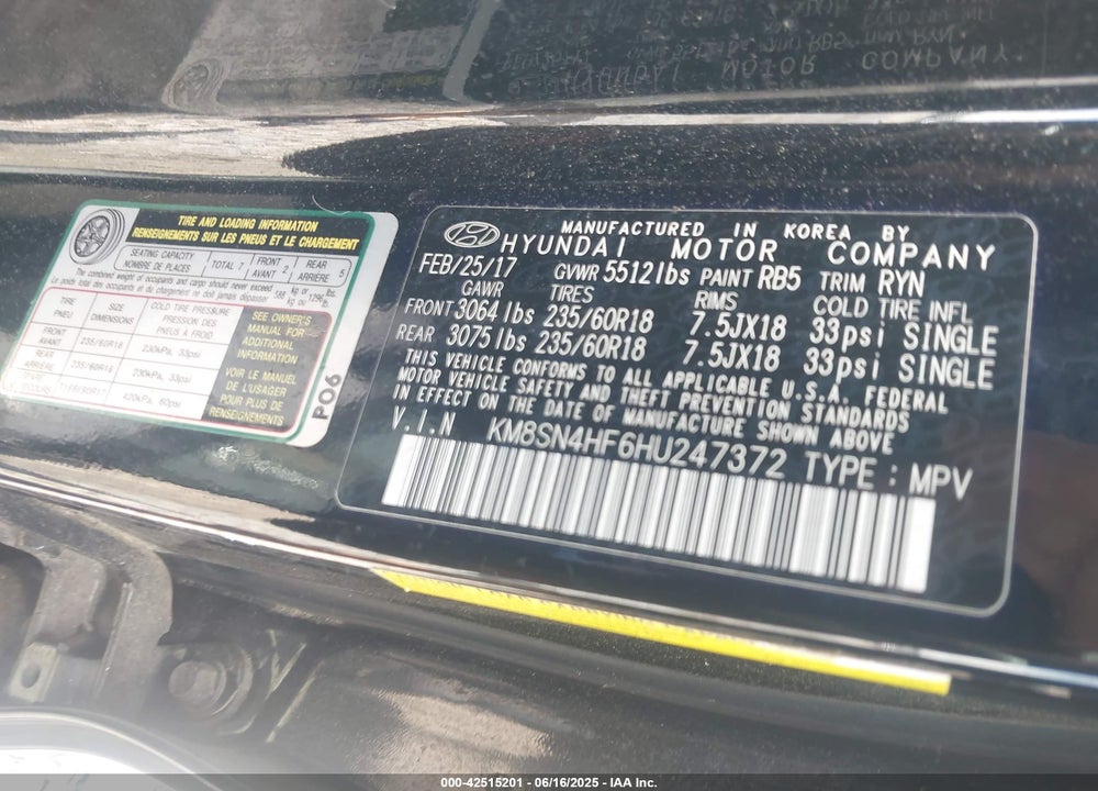 2017 HYUNDAI SANTA FE VIN: KM8SN4HF6HU247372