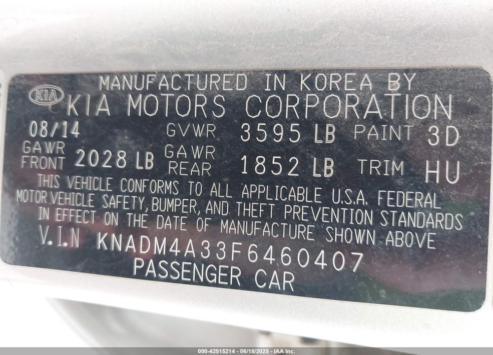 2015 KIA RIO VIN: KNADM4A33F6460407
