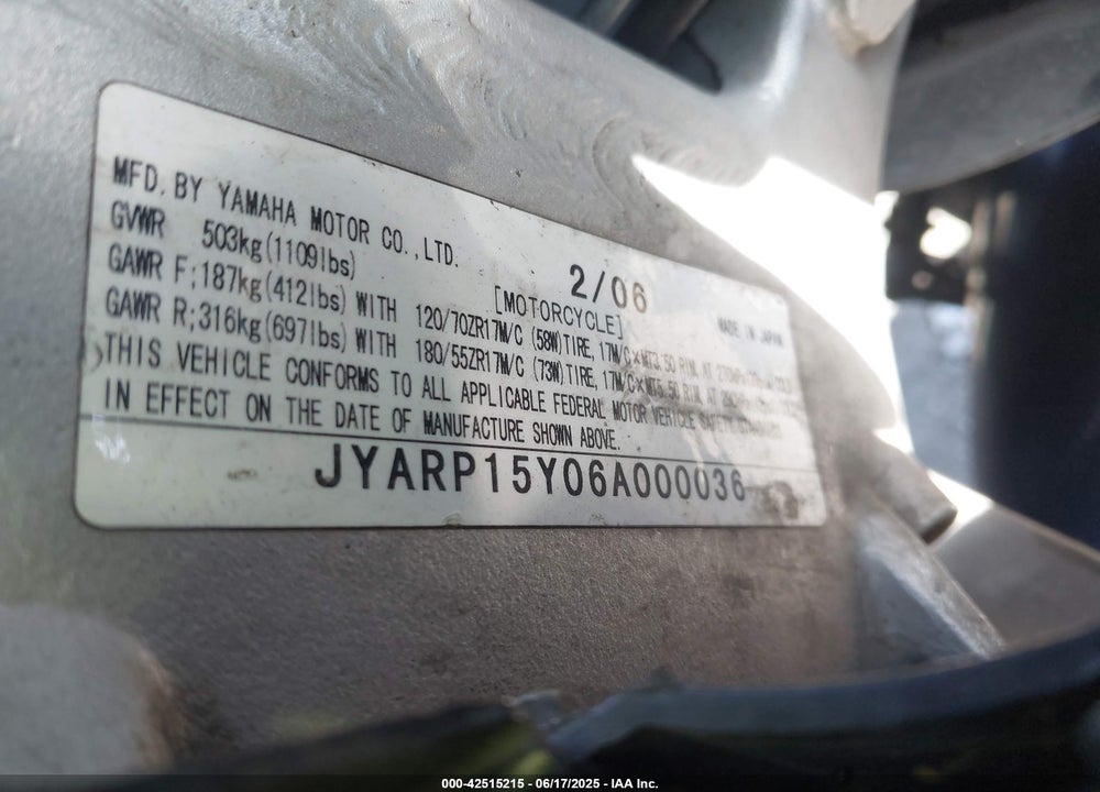 2006 YAMAHA FJR1300 VIN: JYARP15Y06A000036
