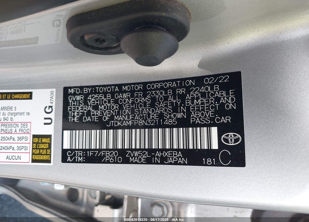 2022 TOYOTA PRIUS PRIME LE VIN: JTDKAMFP8N3211485