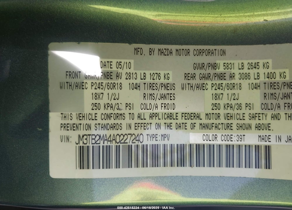 2010 MAZDA CX-9 VIN: JM3TB2MA4A0227240
