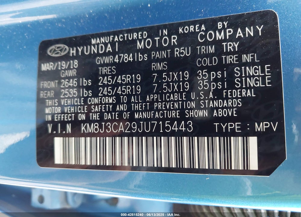 2018 HYUNDAI TUCSON VALUE VIN: KM8J3CA29JU715443