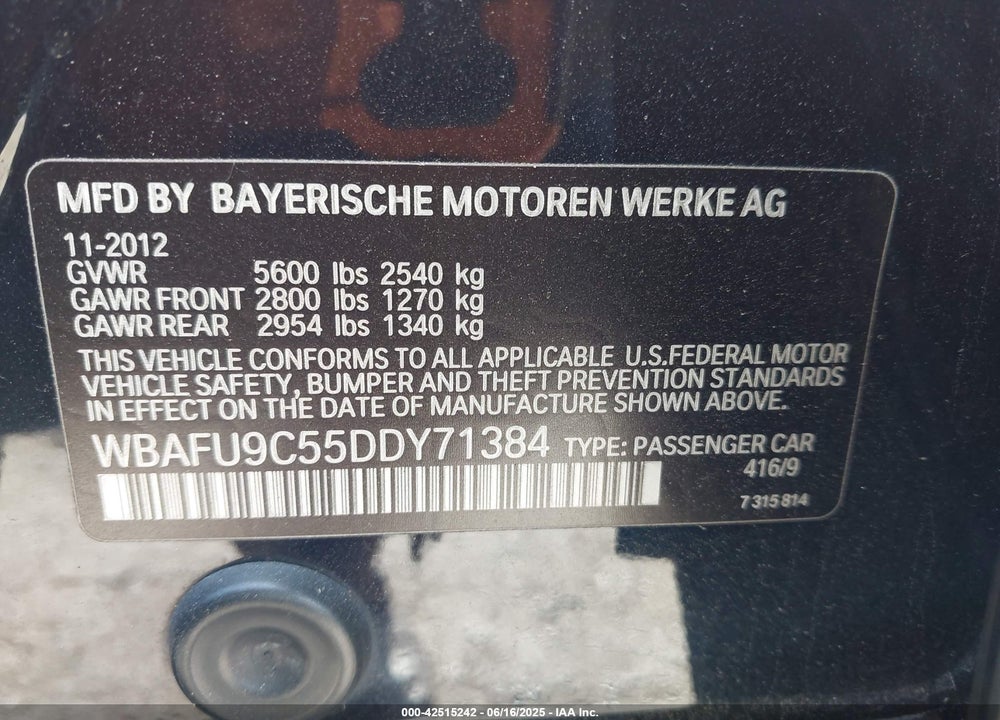 2013 BMW 5 SERIES VIN: WBAFU9C55DDY71384