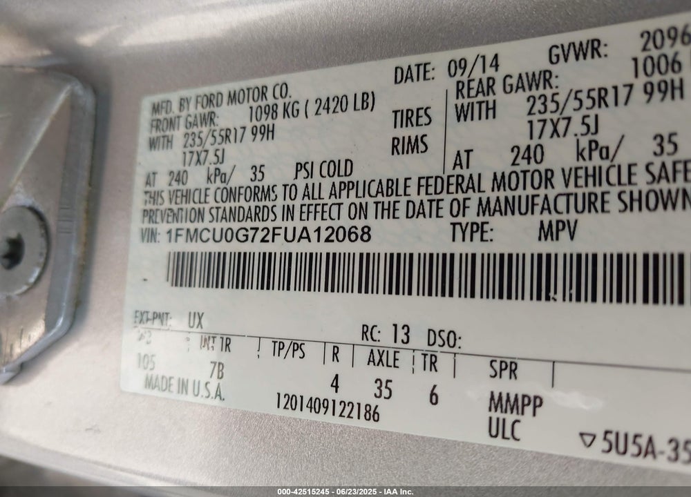 2015 FORD ESCAPE VIN: 1FMCU0G72FUA12068