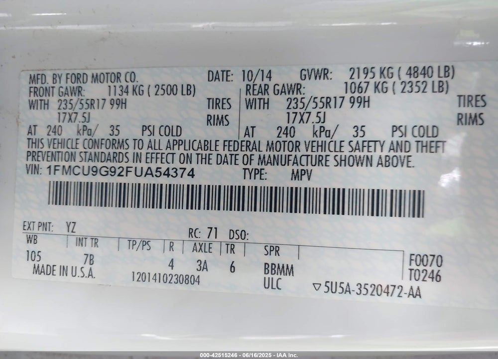 2015 FORD ESCAPE VIN: 1FMCU9G92FUA54374