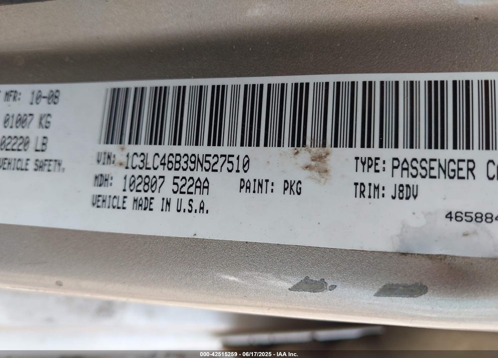 2009 CHRYSLER SEBRING LX VIN: 1C3LC46B39N527510