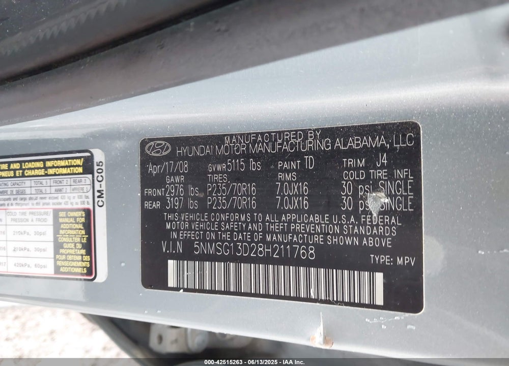 2008 HYUNDAI SANTA FE GLS VIN: 5NMSG13D28H211768