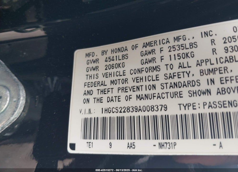 2009 HONDA ACCORD VIN: 1HGCS22839A008379