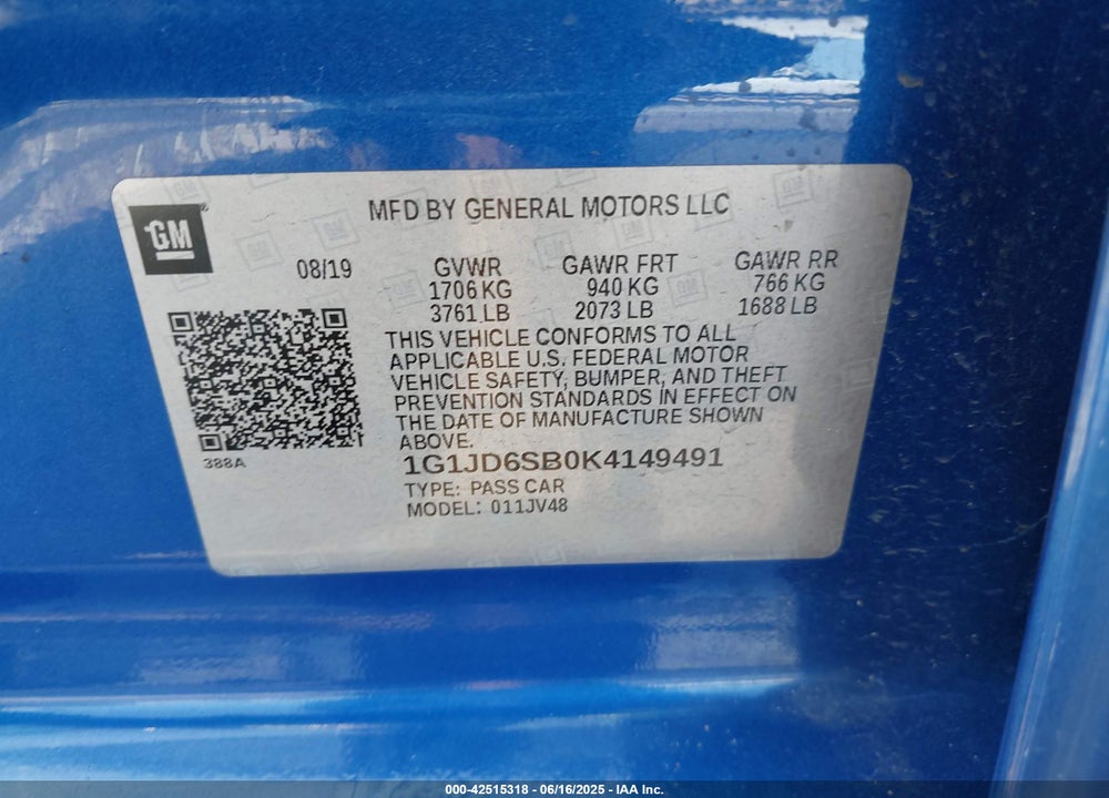 2019 CHEVROLET SONIC VIN: 1G1JD6SB0K4149491