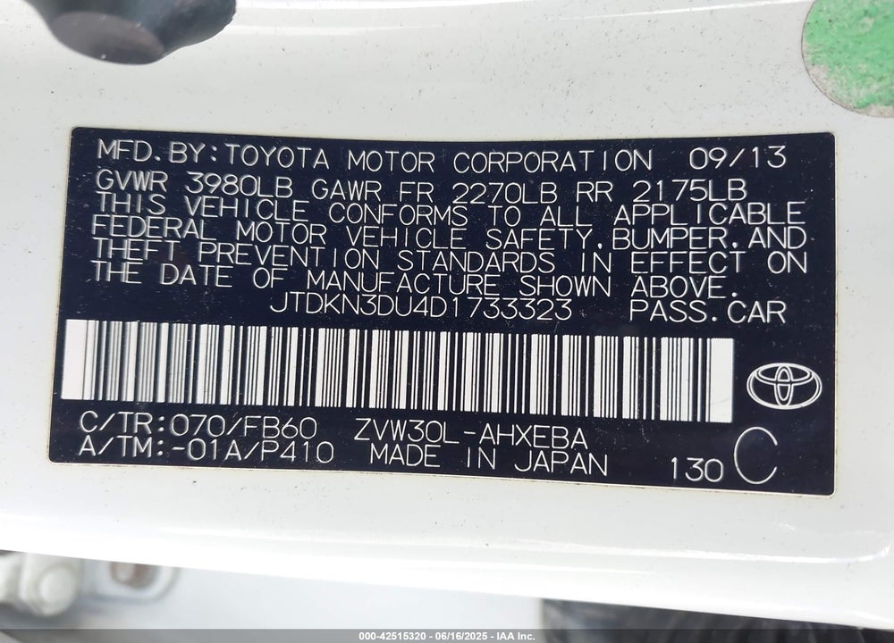 2013 TOYOTA PRIUS TWO VIN: JTDKN3DU4D1733323