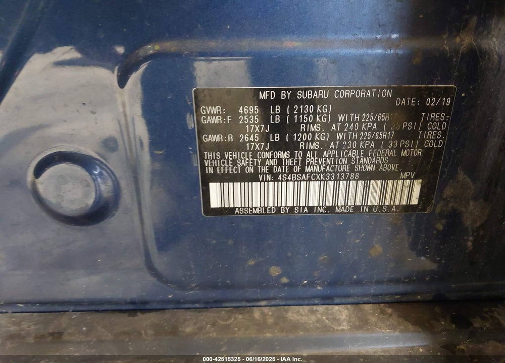 2019 SUBARU OUTBACK 2.5I PREMIUM VIN: 4S4BSAFCXK3313788
