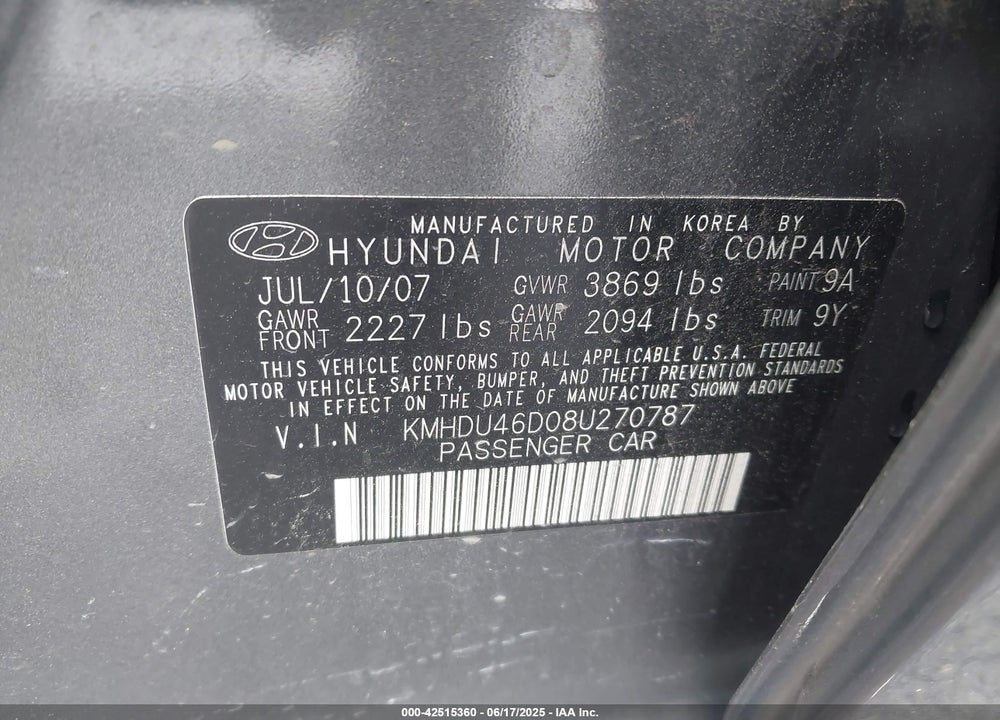 2008 HYUNDAI ELANTRA VIN: KMHDU46D08U270787