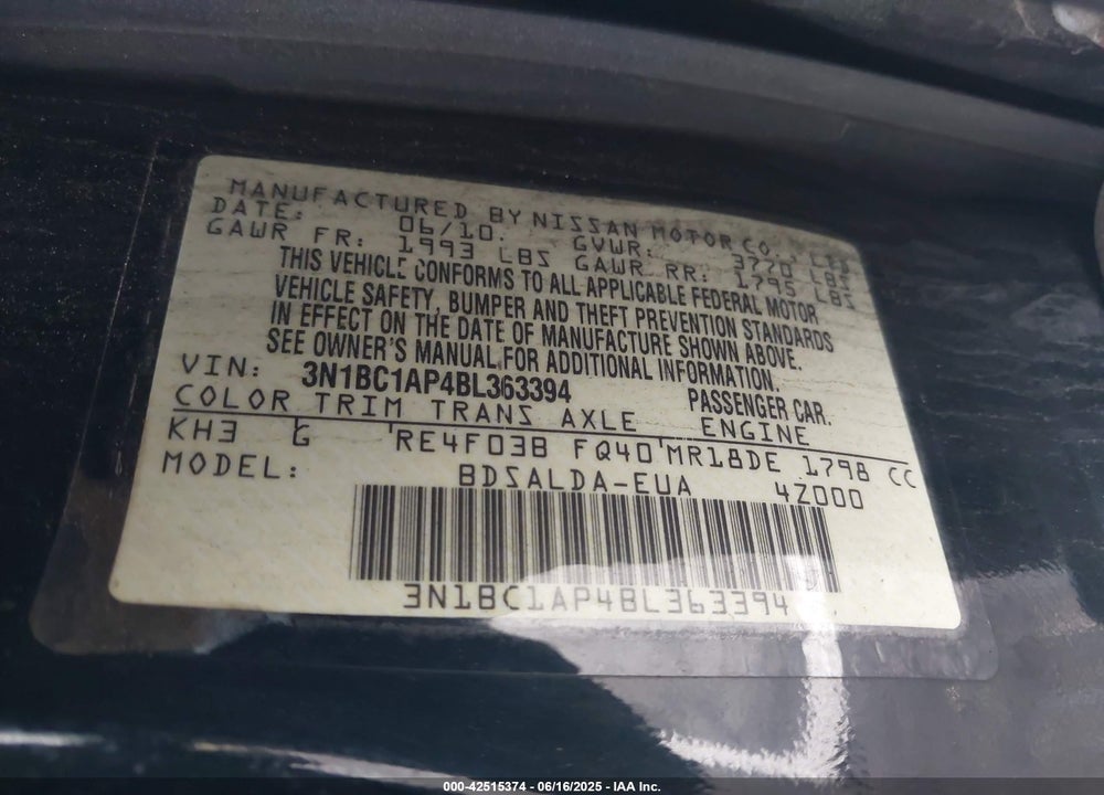 2011 NISSAN VERSA VIN: 3N1BC1AP4BL363394