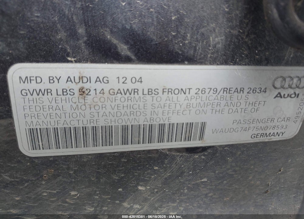 2005 AUDI A6 3.2 VIN: WAUDG74F75N078593