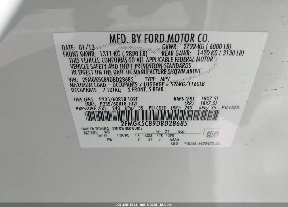2013 FORD FLEX VIN: 2FMGK5C89DBD28685