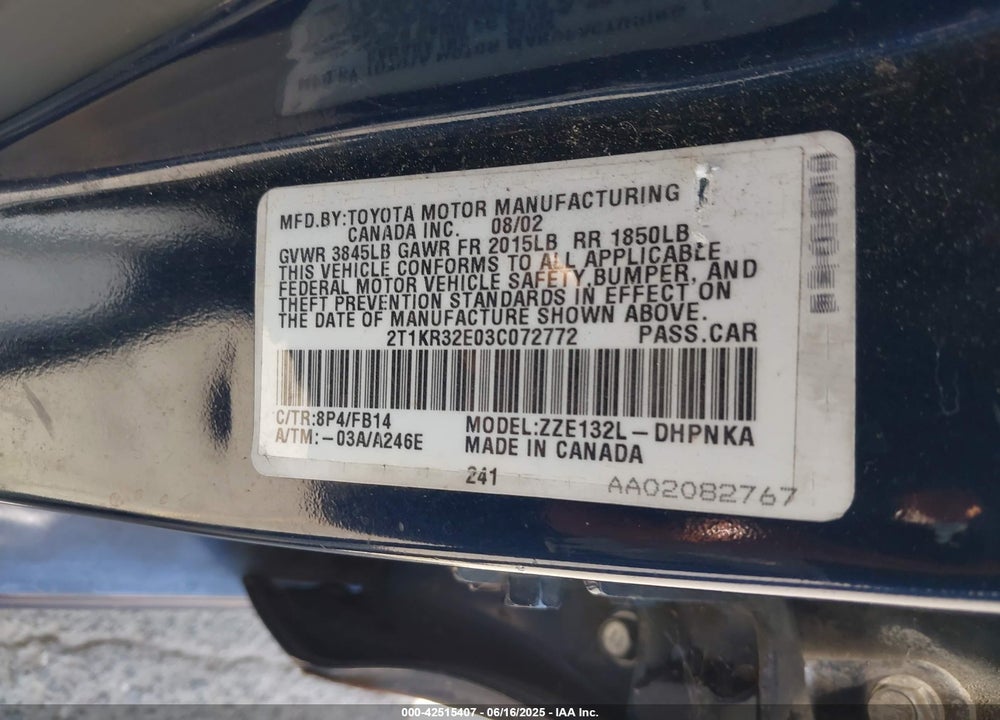 2003 TOYOTA MATRIX VIN: 2T1KR32E03C072772