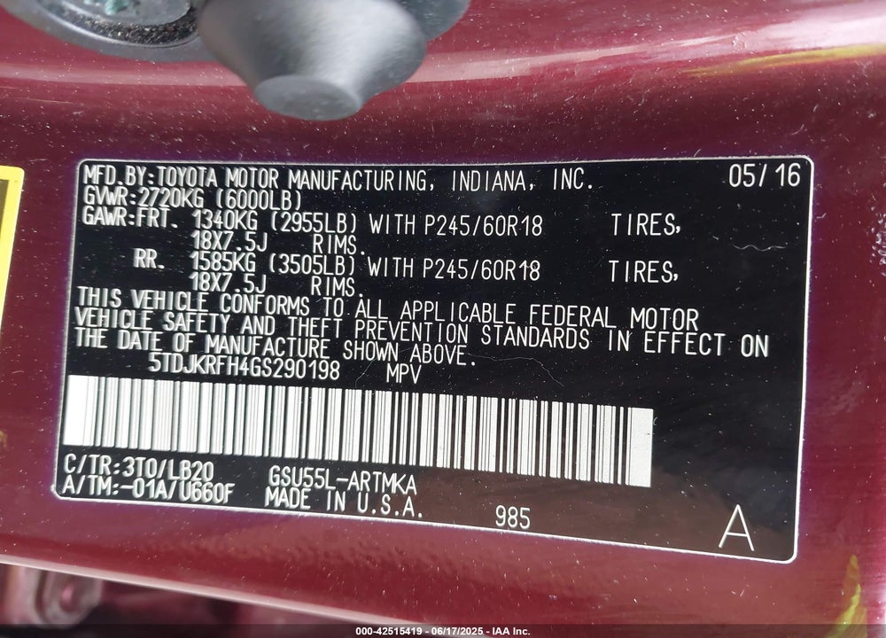 2016 TOYOTA HIGHLANDER VIN: 5TDJKRFH4GS290198