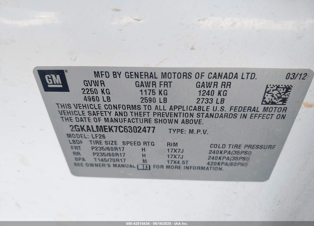 2012 GMC TERRAIN VIN: 2GKALMEK7C6302477