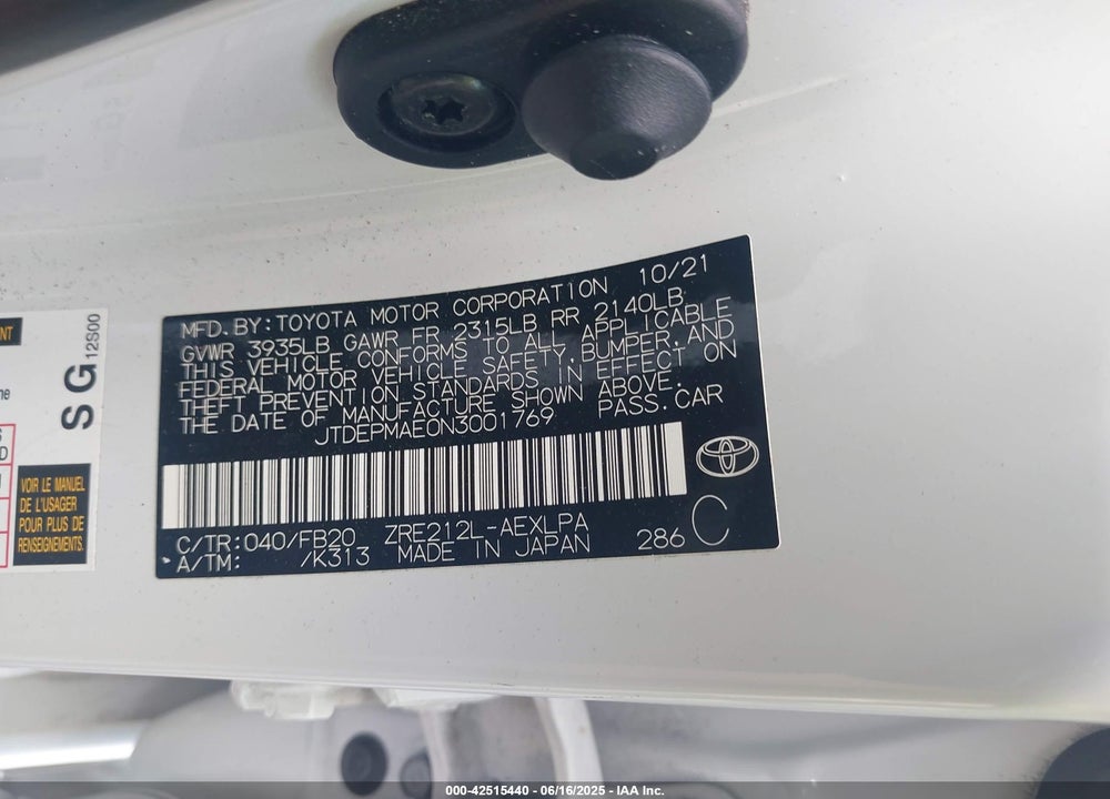 2022 TOYOTA COROLLA VIN: JTDEPMAE0N3001769