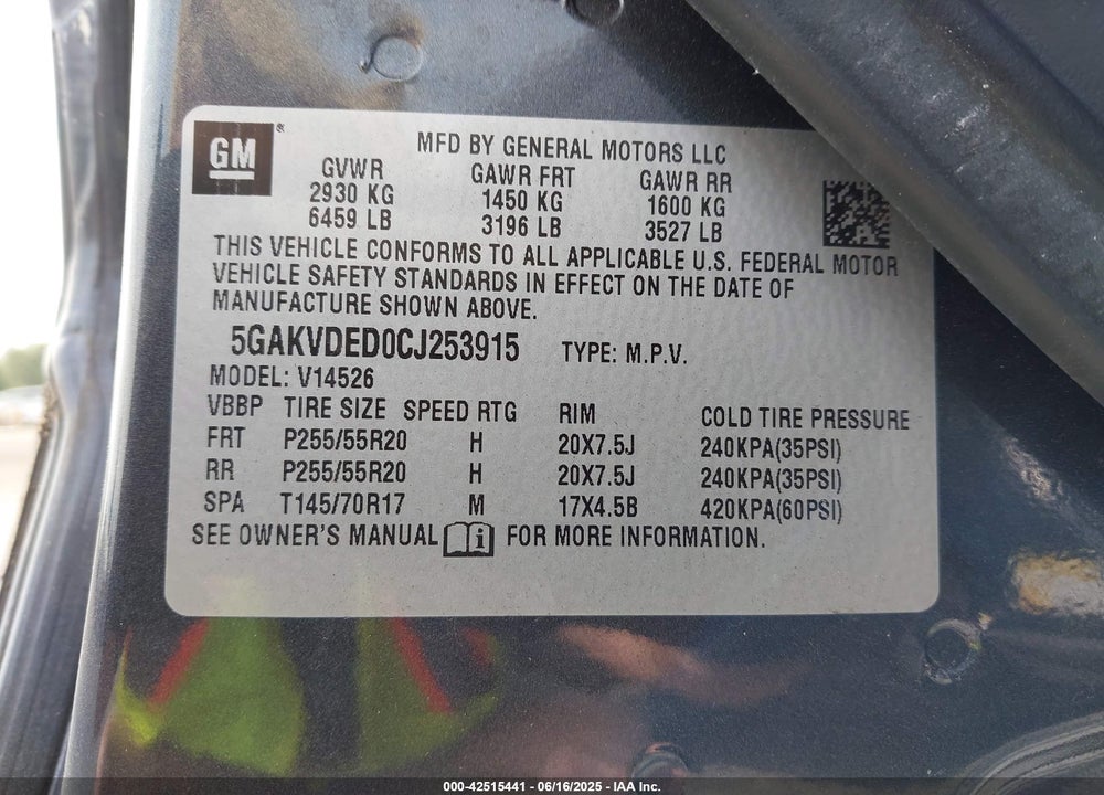 2012 BUICK ENCLAVE PREMIUM VIN: 5GAKVDED0CJ253915